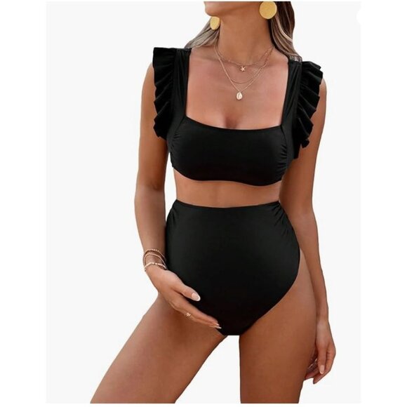 Women's Maternity Black Ruffled Square Neck Bikini Set High Waisted Two-Piece - Picture 1 of 6